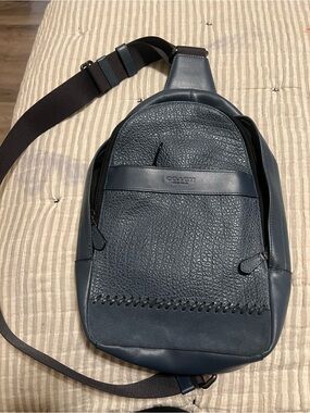 Coach Men's Dark Blue Leather Crossbody Sling Bag